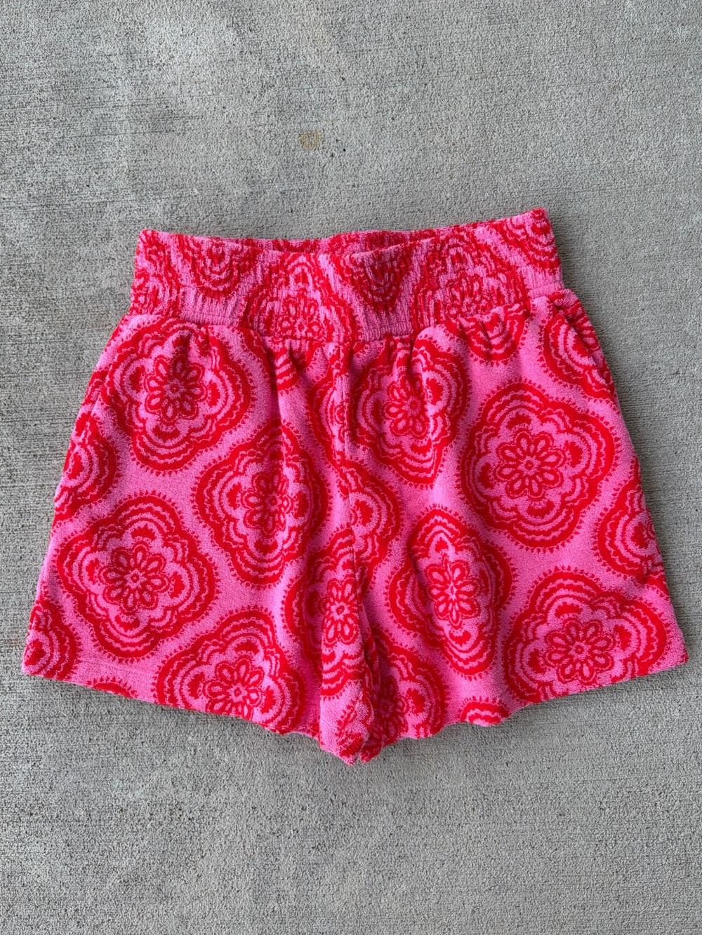 Boden smocked towelling shorts high waisted pink botanical blush bottoms